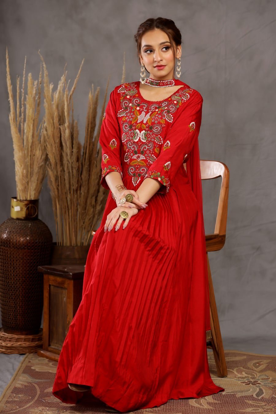 Red Georgette Gown Dupatta Full Set With Pent - Haute Hues
